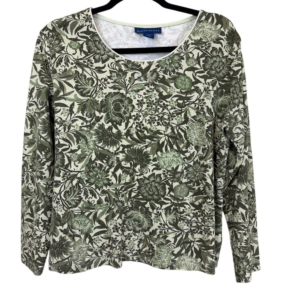 Karen Scott Green Floral Scoop Neck Long Sleeve Top Size L Cottagecore